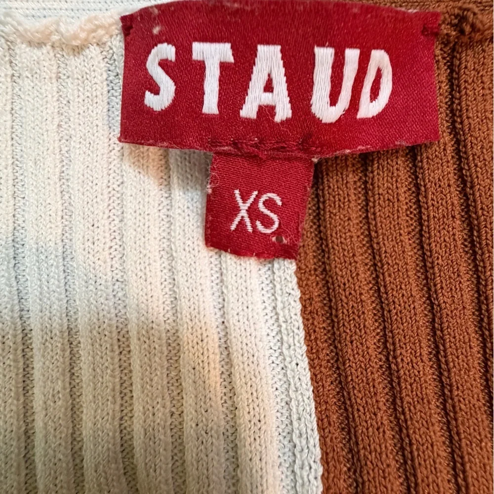 STAUD Long Sleeve Ribbed Dress in Cream and Brown - Picture 2 of 7